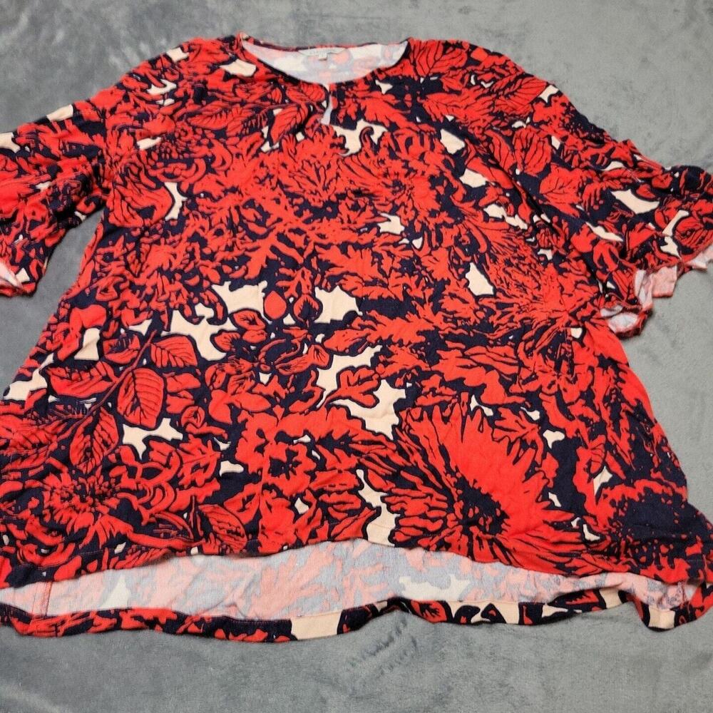 John Mark Shirt Women Large Red Blue Blouse Ruffle Bell Sleeve Rayon Comfort Top